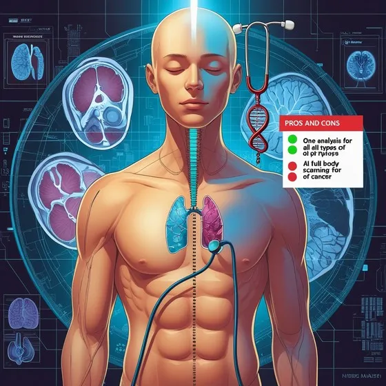 Medical illustration of a human torso with a focus on internal organs, particularly the lungs. The background includes various medical scans and diagrams, such as brain and lung scans. There is a stethoscope with a DNA double helix design, indicating a connection between medical diagnostics and genetics. A pros and cons list is present, with text: 'PROS AND CONS - One analysis for all types of diseases - AI full body scanning for cancer.