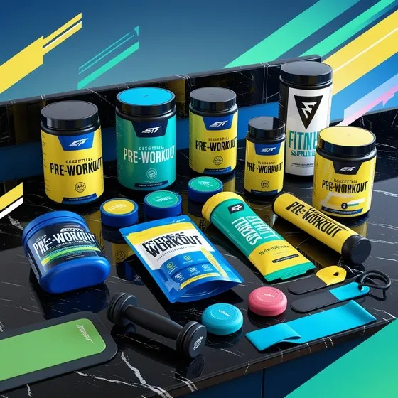 The image shows a variety of fitness and pre-workout supplements arranged on a black marble surface. The products include containers, tubs, and packets labeled with terms like 'PRE-WORKOUT,' 'FITNESS,' and 'ESSENTIAL.' The packaging is colorful, featuring shades of blue, yellow, and green. Additionally, there are fitness accessories such as a dumbbell, resistance bands, and a green exercise mat. The image is interesting as it showcases a range of products designed to enhance workout performance and fitness routines