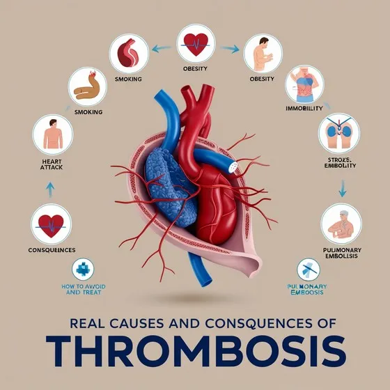 The image is an infographic titled 'Real Causes and Consequences of Thrombosis.' It features a central illustration of a heart with blood vessels, surrounded by various icons and text explaining the causes and consequences of thrombosis. The causes listed are smoking, obesity, and immobility. The consequences include stroke, embolism, pulmonary embolism, and heart attack. There is also a section on how to avoid and treat thrombosis. The infographic is designed to educate viewers on the health risks associated with thrombosis and the importance of prevention and treatment