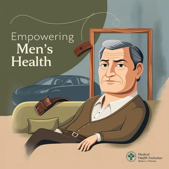 The image is an illustration promoting men's health. It features a man reclining on a couch with a belt draped over the backrest. In the background, there is a car and a picture frame. The text on the image reads: 'Empowering Men's Health.' In the bottom right corner, there is a logo with the text 'Medical Health Institution' and the tagline 'Motivate to Wellness.