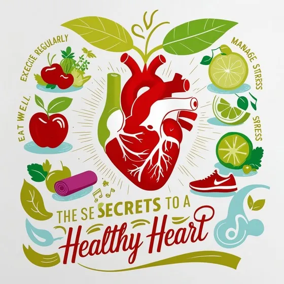 Infographic illustrating the secrets to maintaining a healthy heart. At the center is a stylized depiction of a human heart with green leaves sprouting from it, symbolizing growth and health. Surrounding the heart are various elements and text providing tips for heart health: Top left - two apples and herbs with 'EXERCISE REGULARLY'; Middle left - an apple with 'EAT WELL'; Bottom left - a yoga mat and leaves; Top right - a lemon and lime with 'MANAGE STRESS'; Middle right - a lime and greens with 'STRESS'; Bottom right - a red running shoe. At the bottom center, the text reads: 'THE SECRETS TO A Healthy Heart.