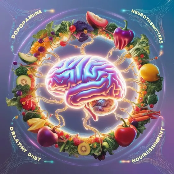 Vibrant illustration of a human brain surrounded by a circle of fruits and vegetables. The brain is illuminated with glowing lines connecting it to the surrounding produce, symbolizing the connection between diet and brain health. Key words such as 'DOPAMINE,' 'NEUROTRANSMITTERS,' 'HEALTHY DIET,' and 'NOURISHMENT' emphasize the importance of these elements for brain function and health.