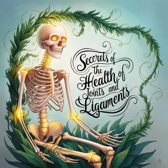 The image shows a stylized illustration of a human skeleton surrounded by green foliage. The skeleton is seated with its legs crossed, and there are glowing highlights at the joints, such as the shoulders, elbows, knees, and ankles. The background is a gradient of light blue to green, giving a serene and natural feel. There is a decorative text overlay that reads: 'Secrets of the Health of Joints and Ligaments.' The text is written in an elegant, cursive font, adding to the aesthetic appeal of the image