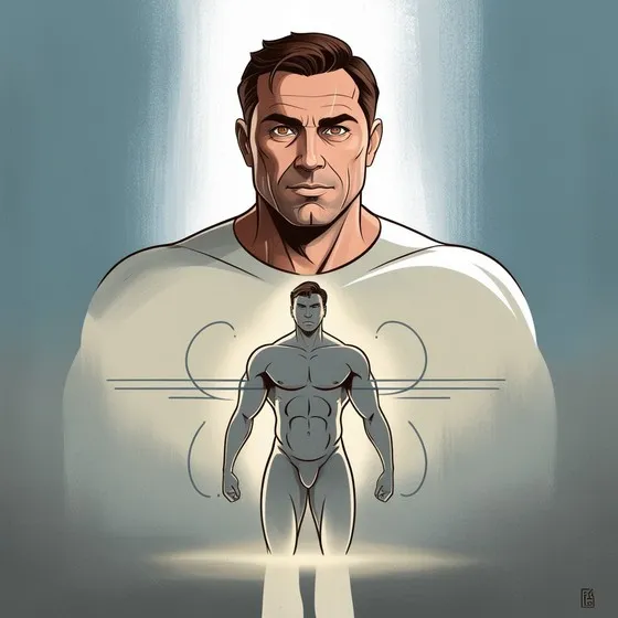 The image depicts a stylized illustration of a muscular male figure. The figure is shown twice: once in the foreground as a full-body image and once in the background as a larger, upper-body image. Both figures have their faces blurred out. The background is a gradient of blue and white, and the larger figure appears to be wearing a white shirt. The smaller figure in the foreground is depicted with detailed musculature and is surrounded by abstract lines and shapes, possibly indicating motion or energy. The image is interesting due to its artistic representation of strength and the dynamic use of lines and shading to emphasize the physique. There is no text or math to transcribe in the image.