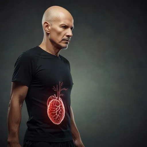 Person wearing a black t-shirt with a glowing, anatomically detailed illustration of a human heart on the chest area. The heart illustration is prominently displayed and appears to be digitally enhanced with a red glow, highlighting the veins and arteries. The background is dark, which makes the glowing heart illustration more striking and visually appealing. The image emphasizes the importance of heart health