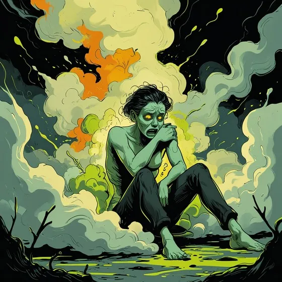 The image is an artistic illustration depicting a person sitting on the ground with knees drawn up and one arm resting on the knees while the other arm is wrapped around the torso. The person's face is obscured. The background is filled with swirling clouds of smoke or mist in various shades of green, yellow, and orange, creating a dramatic and somewhat chaotic atmosphere. The ground appears to be dark and wet, with some small plants or branches visible. The overall mood of the image is intense and evocative, suggesting themes of struggle, contemplation, or turmoil.