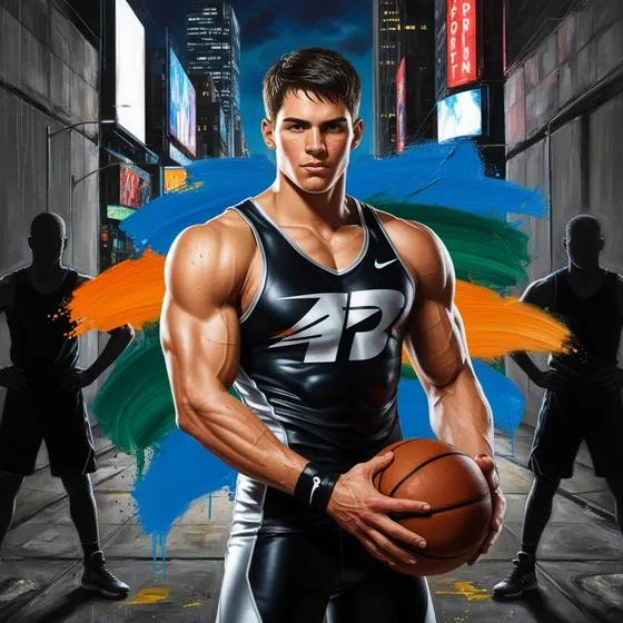 The image shows a muscular individual wearing a black athletic tank top with the logo 'AP' on it, holding a basketball. The background features an urban setting with tall buildings and neon signs, suggesting a city environment at night. There are colorful brush strokes of blue, green, and orange behind the individual, adding an artistic element to the image. Two shadowy figures are visible in the background, also in athletic attire, standing on either side of the main subject. The image is interesting due to its combination of athleticism, urban culture, and artistic expression