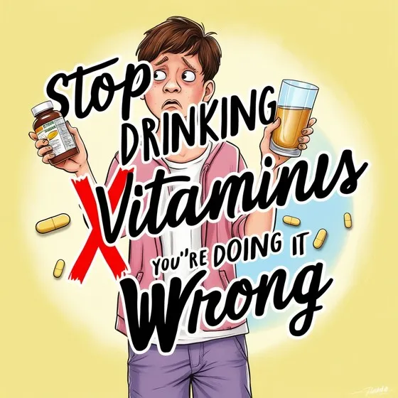 Illustration of a person holding a bottle of vitamins in one hand and a glass of liquid in the other. The text on the image reads: 'Stop drinking vitamins. You're doing it wrong.' The word 'vitamins' is crossed out with a red 'X.' There are also several vitamin capsules scattered around the image. The background is a light yellow color