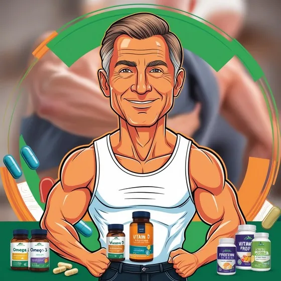 A cartoonish, muscular figure wearing a white tank top. The face of the figure is blurred out. Surrounding the figure are various supplement bottles and capsules labeled 'Omega-3,' 'Vitamin D,' 'Protein,' and 'Vitamin D3.' The background includes an image of a muscular arm, suggesting a focus on fitness or bodybuilding