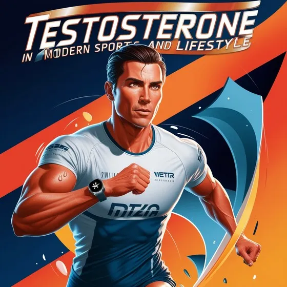 The image shows a muscular individual in a running pose, wearing a tight athletic shirt with the text 'VETR' and 'DTIQ' on it. The background is dynamic with abstract shapes and vibrant colors, primarily orange and blue. The text at the top of the image reads 'TESTOSTERONE IN MODERN SPORTS AND LIFESTYLE.' The individual is also wearing a smartwatch on the left wrist. This image likely relates to the role of testosterone in sports and fitness, highlighting its importance and impact on athletic performance.