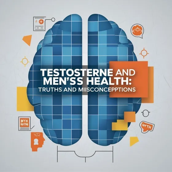 The image shows a stylized representation of a brain with a grid pattern, divided into two hemispheres. Overlaid on the brain is the text: TESTOSTERONE AND MENS HEALTH: TRUTHS AND MISCONCEPTIONS. The image includes various icons related to health and myths, such as a medical chart, a brain with a cloud, and a head silhouette with a thought bubble. The text contains several spelling errors, making it notable for its inaccuracies.

                        