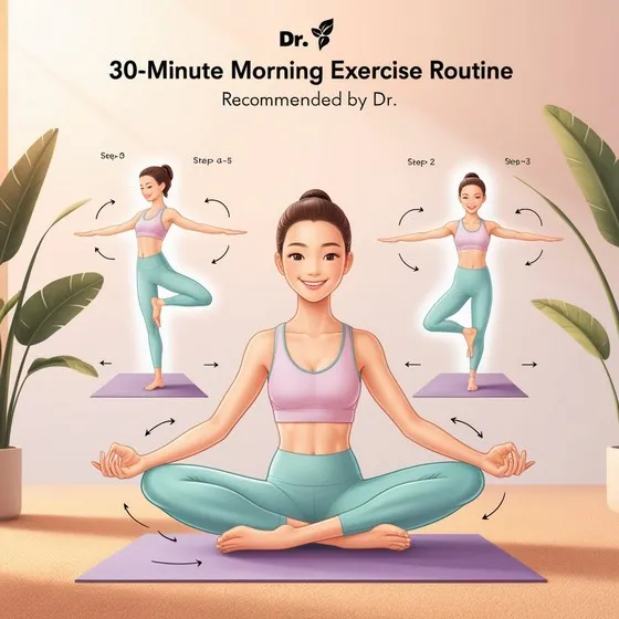 The image shows a '30-Minute Morning Exercise Routine' recommended by a doctor. It features a person performing various yoga poses on a purple mat