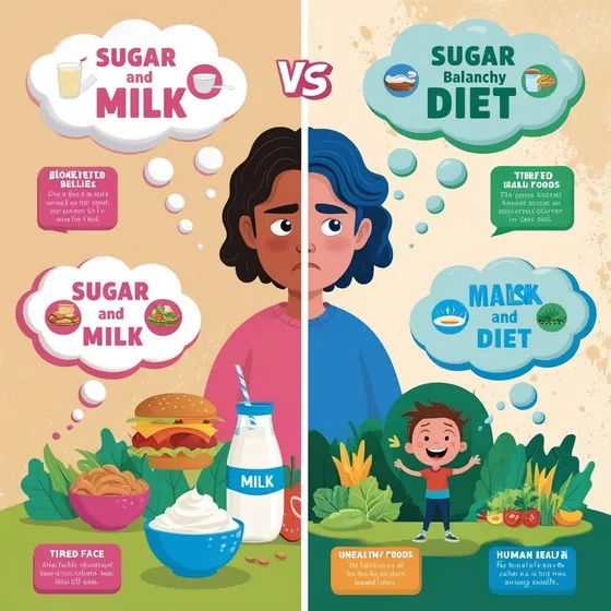 The image is a comparison between two dietary choices Sugar and Milk versus a Balanced Diet.