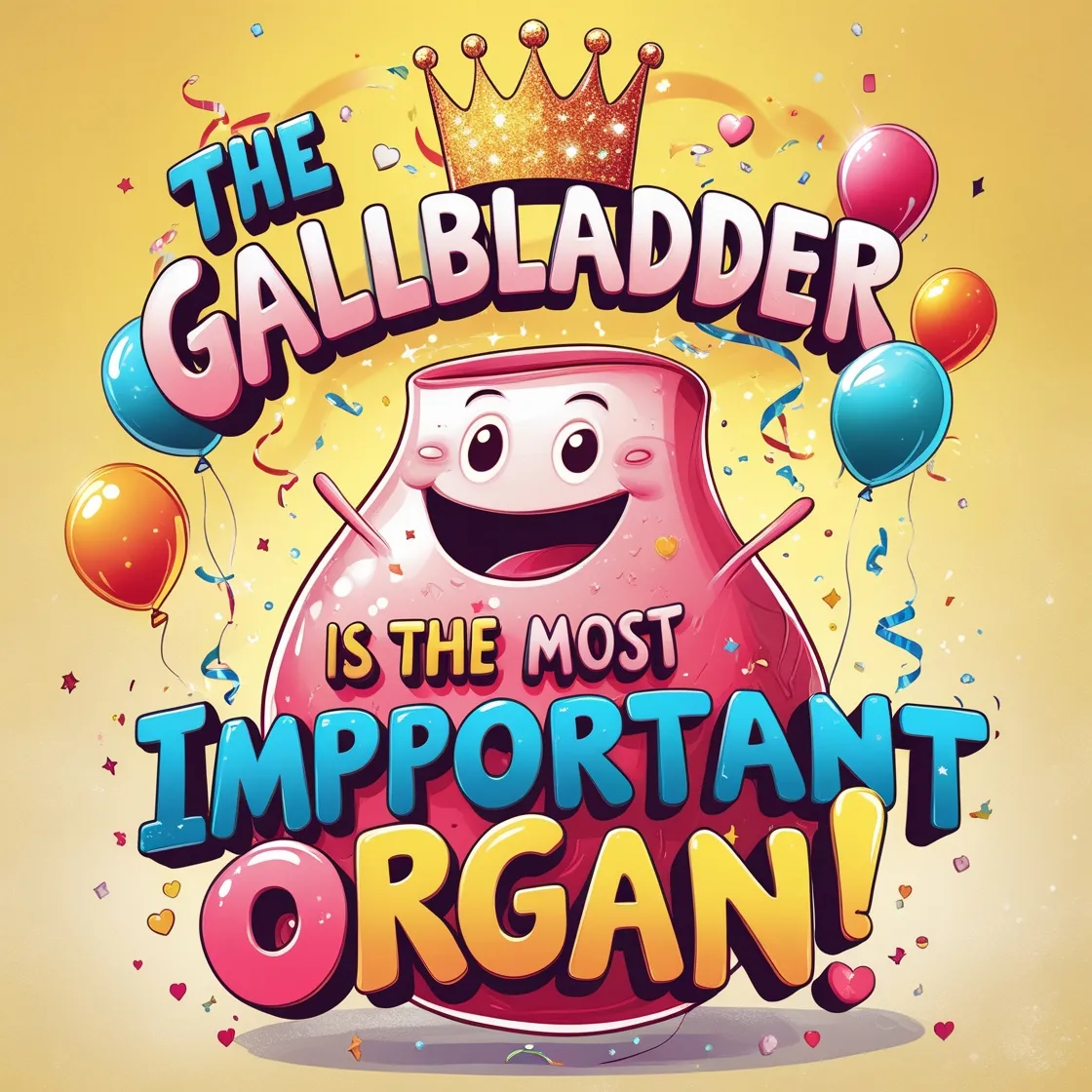 A smiling gallbladder wearing a crown amidst festive balloons and confetti. Text: 'THE GALLBLADDER IS THE MOST IMPORTANT ORGAN