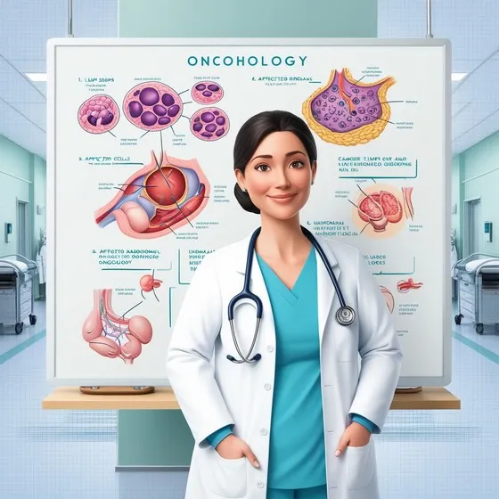 The image shows a person in a medical setting, likely a doctor, standing in front of a whiteboard with various medical diagrams and text related to oncology. The person is wearing a white lab coat and has a stethoscope around their neck. The whiteboard behind the person contains detailed illustrations of cells, organs, and anatomical structures, along with labels and descriptions. The text and diagrams appear to be related to the study of cancer and its effects on different cells and organs. This image is relevant as it depicts a medical professional in an educational or clinical setting, providing information about oncology