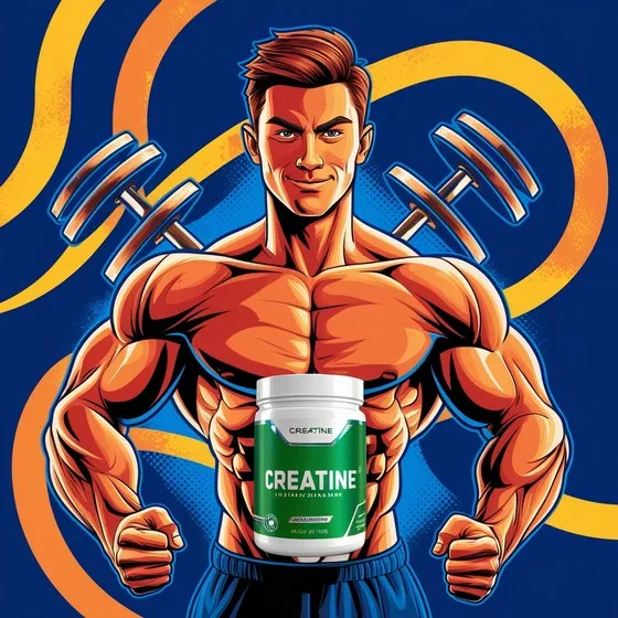 The image is a stylized illustration of a muscular person with a blurred face and chest area. The person is depicted with exaggerated muscles and is holding dumbbells in both hands. The background features a blue and orange color scheme with dynamic lines. The blurred section on the chest likely covers some text or a logo, possibly related to fitness or a supplement product. The image is visually striking due to its vibrant colors and the exaggerated muscular physique of the person