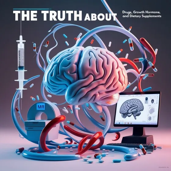 Illustration centered around a human brain, surrounded by elements related to medical and scientific research. Includes a large syringe labeled 'GROWTH HORMONE,' capsules and pills, an MRI machine with a brain scan on a computer screen, and tubes and wires connecting the brain to the MRI and computer. Text reads: 'THE TRUTH about Drugs, Growth Hormone, and Dietary Supplements.