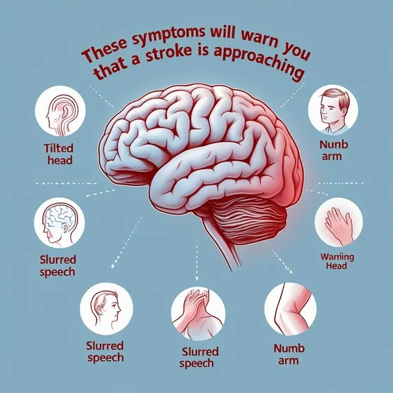 The image is an informative graphic about the warning symptoms of an approaching stroke. It features a central illustration of a brain with various symptoms depicted around it. The symptoms listed are: Tilted head, Numb arm, Slurred speech, Warning head. The text at the top of the image reads: 'These symptoms will warn you that a stroke is approaching.