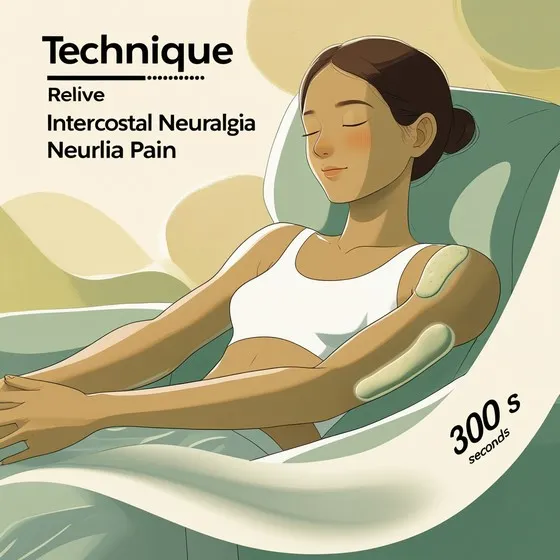 The image shows a person reclining in a chair with two patches applied to the upper arm and shoulder area. The text in the image reads: Technique Relive Intercostal Neuralgia Neurlia Pain 300 seconds