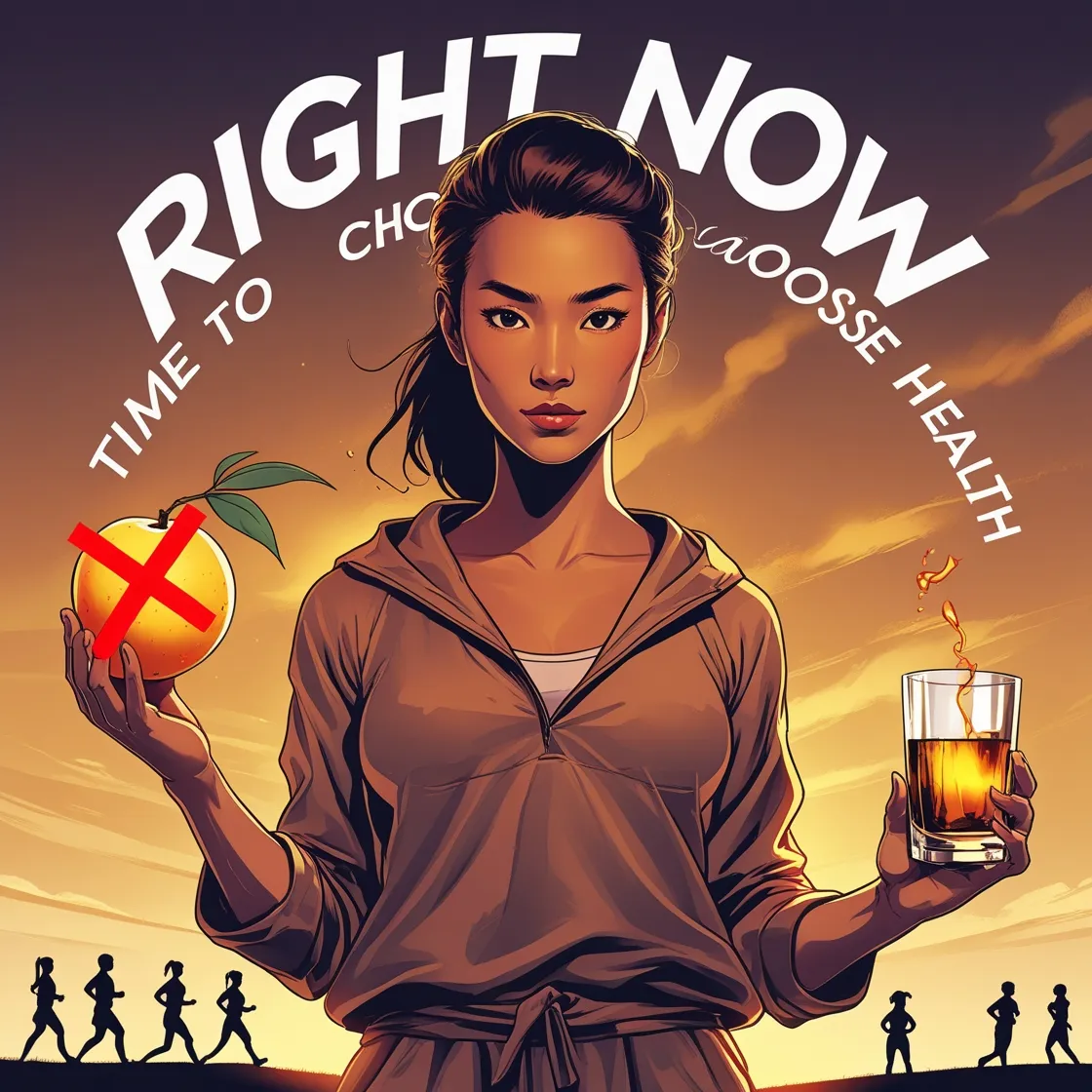 Person holding an orange with an 'X' and a glass of dark liquid. Text: 'RIGHT NOW TIME TO CHOOSE HEALTH.' Silhouettes of people jogging in the background