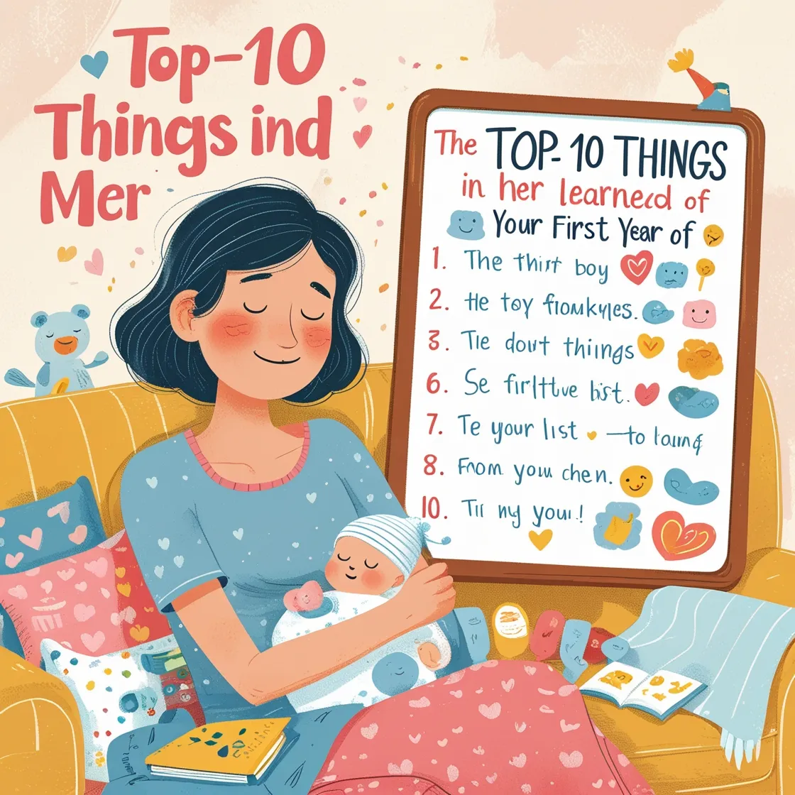 Person with a baby holding a sign: 'The TOP-10 THINGS in Your First Year.' List of humorous parenting lessons.