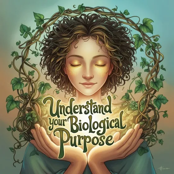 The image shows a person with curly hair surrounded by vines and leaves. The person's face is obscured. The person is holding a glowing object with both hands, and the text 'Understand your Biological Purpose' is prominently displayed in the center of the image. The background has a gradient of colors, transitioning from blue at the top to a warmer tone at the bottom. The image combines elements of nature and a sense of enlightenment or discovery, making it visually appealing and thought-provoking.