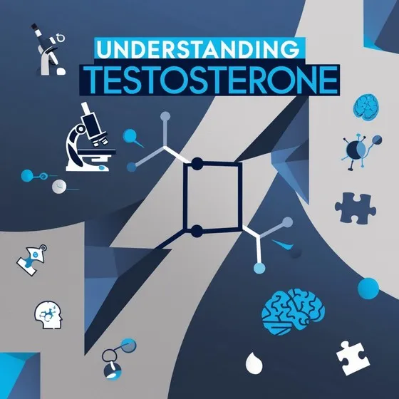 Surrounding this structure are various icons related to science and biology, including a microscope, a brain, a puzzle piece, a drop of liquid, and other scientific symbols. The background consists of abstract shapes in shades of blue and gray. The image is designed to visually convey information about testosterone, its scientific study, and its effects on the body.