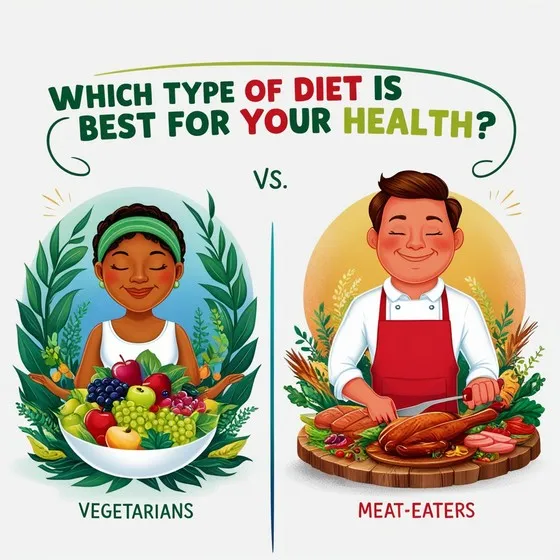 Illustrated comparison between two types of diets: vegetarian and meat-eater. The vegetarian character is surrounded by a variety of fruits and vegetables, while the meat-eater character is depicted with various types of meat. Text at the top reads 'WHICH TYPE OF DIET IS BEST FOR YOUR HEALTH?' with 'VEGETARIANS' labeled under the vegetarian character and 'MEAT-EATERS' under the meat-eater character