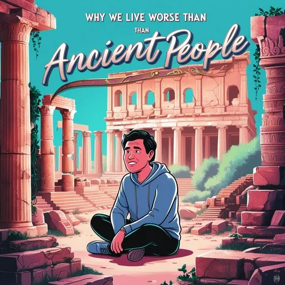 A person sitting cross-legged in front of ancient ruins, which include columns and a partially intact building with arches and steps. The person is wearing a blue hoodie and black pants. The background features a clear sky and greenery around the ruins. The text at the top of the image reads: 'WHY WE LIVE WORSE THAN Ancient People.