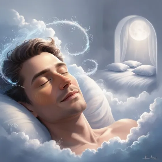 The image shows a person lying down with their head resting on a pillow. The person's face is blurred. The surroundings are ethereal, with clouds and swirling, sparkling patterns, giving a sense of being in a dream or a fantasy world. In the background, there is a bed with white pillows and a white blanket, positioned under an arched window through which a full moon is visible. The overall color palette is soft and calming, with shades of blue and white, enhancing the dreamlike atmosphere