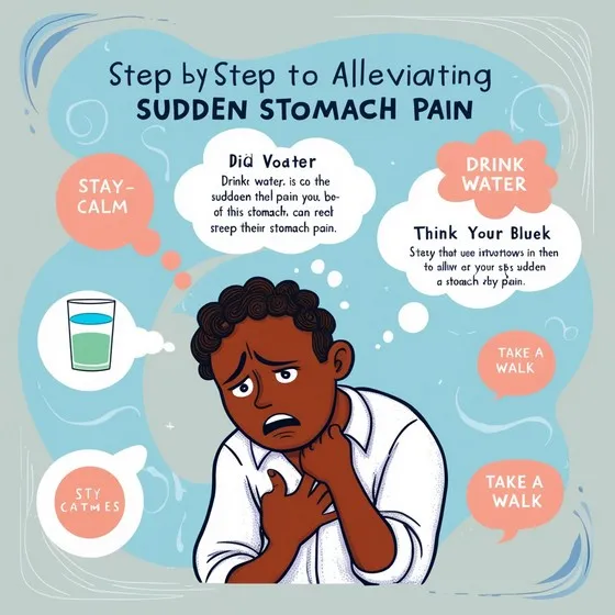 Infographic titled 'Step by Step to Alleviating Sudden Stomach Pain.' It provides several steps: '1. STAY CALM,' '2. DRINK WATER,' '3. TAKE A WALK,' and '4. STAY CALMNESS.' Additional text sections include 'Did Voater: Drink water, is co the sudden thel pain you be of this stomach. can reet steep their stomach pain.' and 'Think Your Bluek: Steay that wee introvows in then to allinw or your sbs sudden a stoanch zby pain