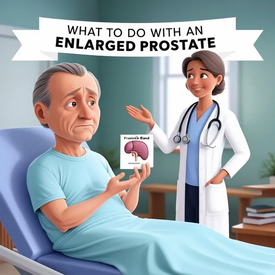 The image shows a medical setting where a healthcare professional is standing next to a patient who is sitting on a hospital bed. The healthcare professional is holding a booklet or pamphlet titled 'Prostate Gland' with an illustration of a prostate gland on it. Above them, there is a banner with the text 'WHAT TO DO WITH AN ENLARGED PROSTATE.' This image addresses prostate health, specifically dealing with an enlarged prostate, which is a common condition in older men. The healthcare professional appears to be providing information or guidance to the patient regarding this condition