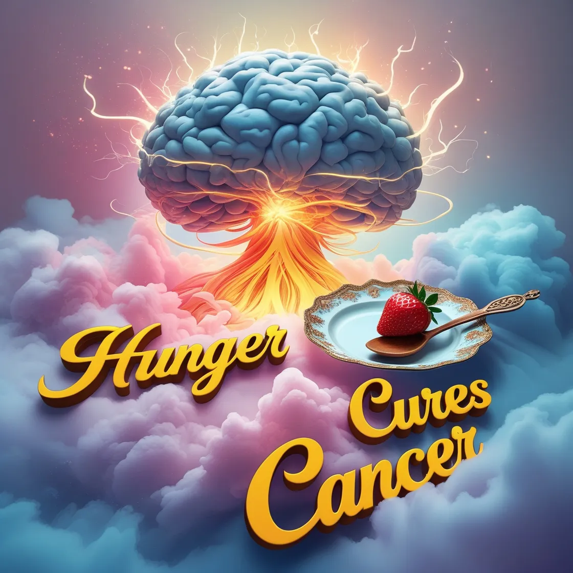 A stylized brain with glowing neural connections, colorful clouds, a plate with a strawberry and spoon. Text: 'Hunger Cures Cancer.