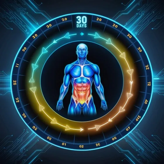 The image shows a digital illustration of a human muscular system with a focus on the abdominal muscles, which are highlighted in red. Surrounding the human figure is a circular timeline marked with days, ranging from 1 to 30. The timeline is divided into segments with arrows indicating progression through the days. At the top of the circle, the text '30 DAYS' is prominently displayed. The background features a high-tech, circuit-like design, suggesting a connection to technology or a digital interface. This image is interesting and relevant as it likely represents a 30-day fitness or health challenge focused on abdominal muscles.