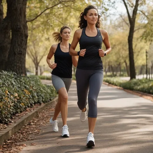 The image shows two people jogging on a paved path in a park. Both individuals are wearing athletic clothing, including tank tops, leggings, and running shoes. The path is surrounded by trees and greenery, suggesting a natural and serene environment. The scene appears to be set during the daytime, with sunlight filtering through the trees. There are no math or homework problems in the image.