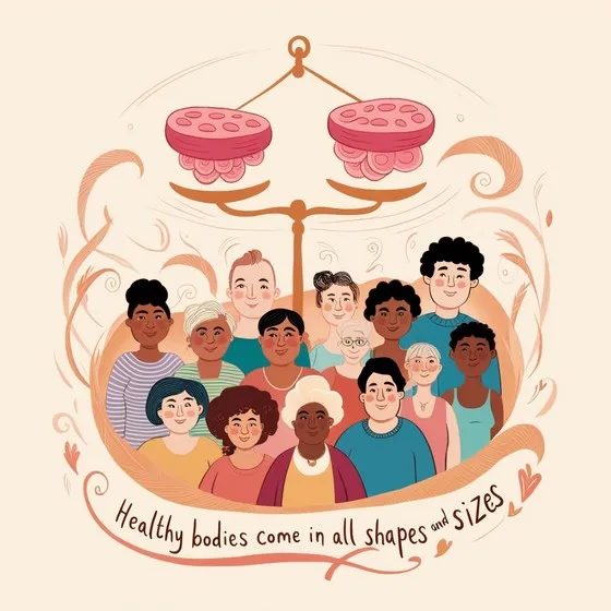 A diverse group of people standing together in front of a large scale with two pink weights on either side. The background features decorative swirls, and below the group, there is text that reads: 'Healthy bodies come in all shapes and sizes