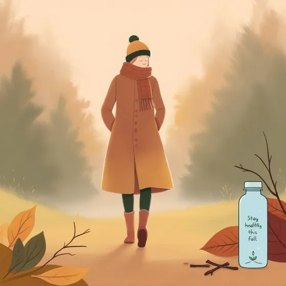 A person dressed in fall attire, including a long coat, scarf, and hat, walking along a path surrounded by autumn foliage. The background features trees with a soft, misty appearance, creating a serene and peaceful atmosphere. In the lower right corner, there is a bottle with the text 'Stay healthy this fall' written on it