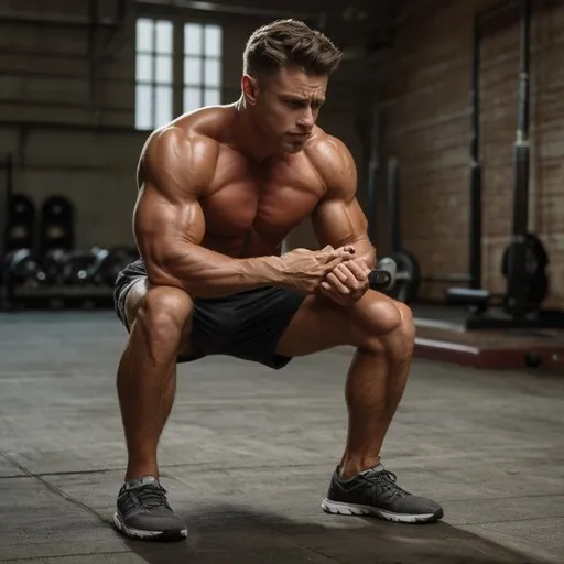 The image shows a muscular individual in a gym setting. The person is wearing black shorts and gray athletic shoes and is in a squatting position with elbows resting on the knees and hands clasped together. The background includes gym equipment such as weights and exercise machines. The image highlights the person's well-defined muscles and athletic build, making it relevant for topics related to fitness, bodybuilding, or exercise routines. There is no text or math problem present in the image