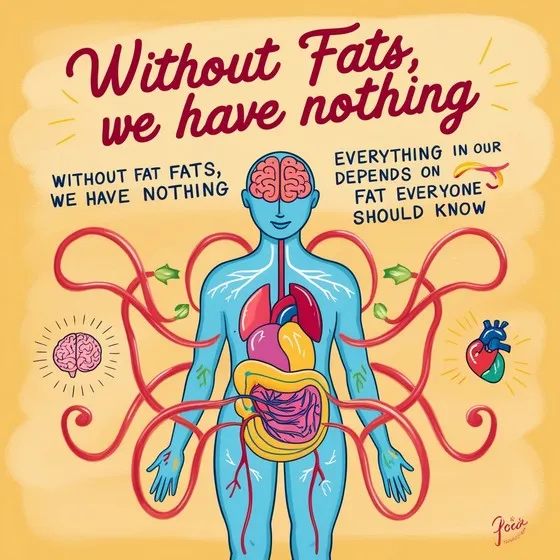 Illustration emphasizing the importance of fats in the human body, featuring a human figure with internal organs such as the brain, heart, lungs, liver, stomach, and intestines depicted. Red lines represent blood vessels or fat pathways connecting these organs. The background is yellow with additional illustrations of a brain and a heart. The text reads: 'Without Fats, we have nothing. Without fats, we have nothing. Everything in our [body] depends on fat everyone should know