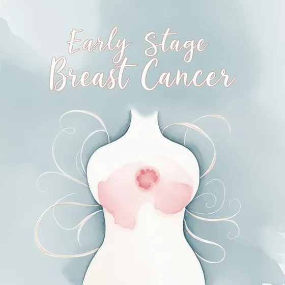 An illustration focusing on the breast area, highlighting a pinkish section indicating early-stage breast cancer. The background is soft blue with decorative swirls. The text reads 'Early Stage Breast Cancer.