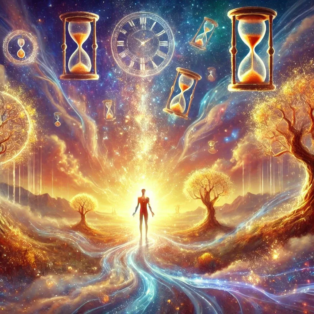 The image depicts a surreal and fantastical scene. At the center, there's a silhouette of a human figure standing on a glowing, winding path made of light and energy. The figure faces a bright, radiant light source that resembles a sun or a portal, suggesting a sense of enlightenment or transcendence.