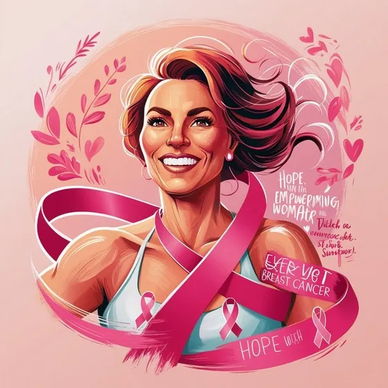 Illustration of a woman with a pink ribbon, a symbol of breast cancer awareness. The woman\u0027s face is blurred out, and she is depicted with short, wavy hair. The background includes pink leaves and hearts. The text reads: \u0022Hope. I am an empowering woman. I am a breast cancer survivor!\u0022 \u0022Every October, stand up \u0026 support survivors!\u0022 \u0022Hope with breast cancer.\u0022