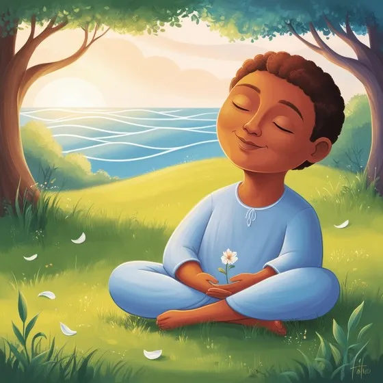 Illustration of a child sitting cross-legged on a grassy field, holding a white flower with both hands. The child is wearing a light blue outfit and is surrounded by a serene natural environment, including trees, grass, and a body of water in the background. The sun is setting or rising, casting a warm glow over the scene. There are white flower petals scattered around the child on the grass. The child's face is obscured by a blurred square. The overall atmosphere of the image is peaceful and calm